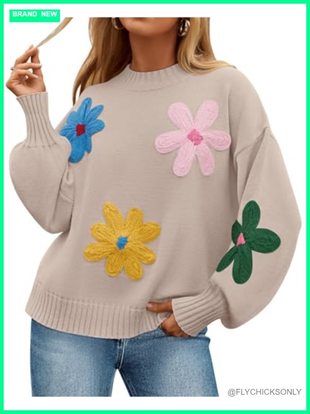Womens Floral Knit Pullover Sweater Lantern Sleeve Crew Neck Fall Winter Top